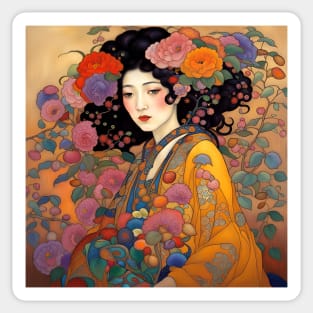 Asian Art Nouveau Woman Beauty with Flowers Sticker